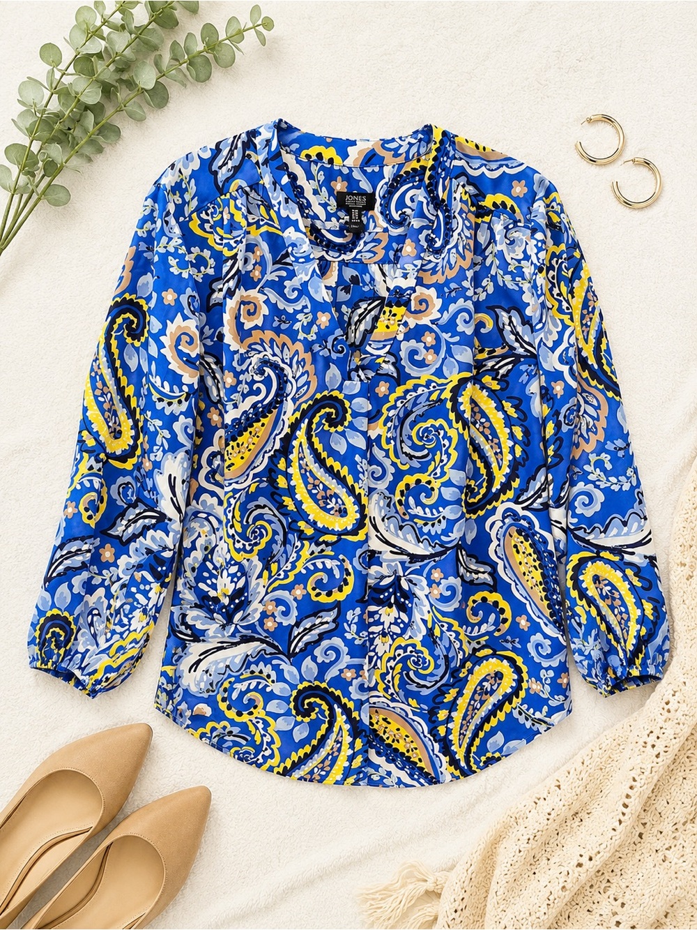 💙💛Jones New York Signature XL Royal Blue Paisley 3/4 Sleeve Blouse Tunic Top💛💙